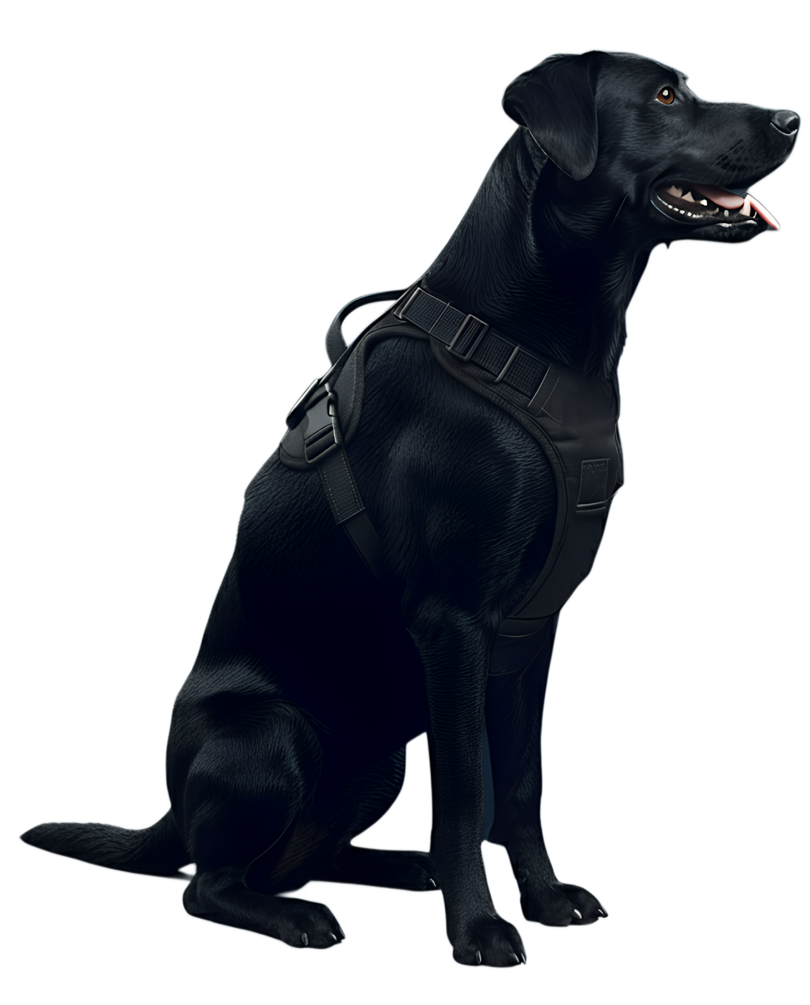 Black Labrador retriever in harness sitting against a dark background