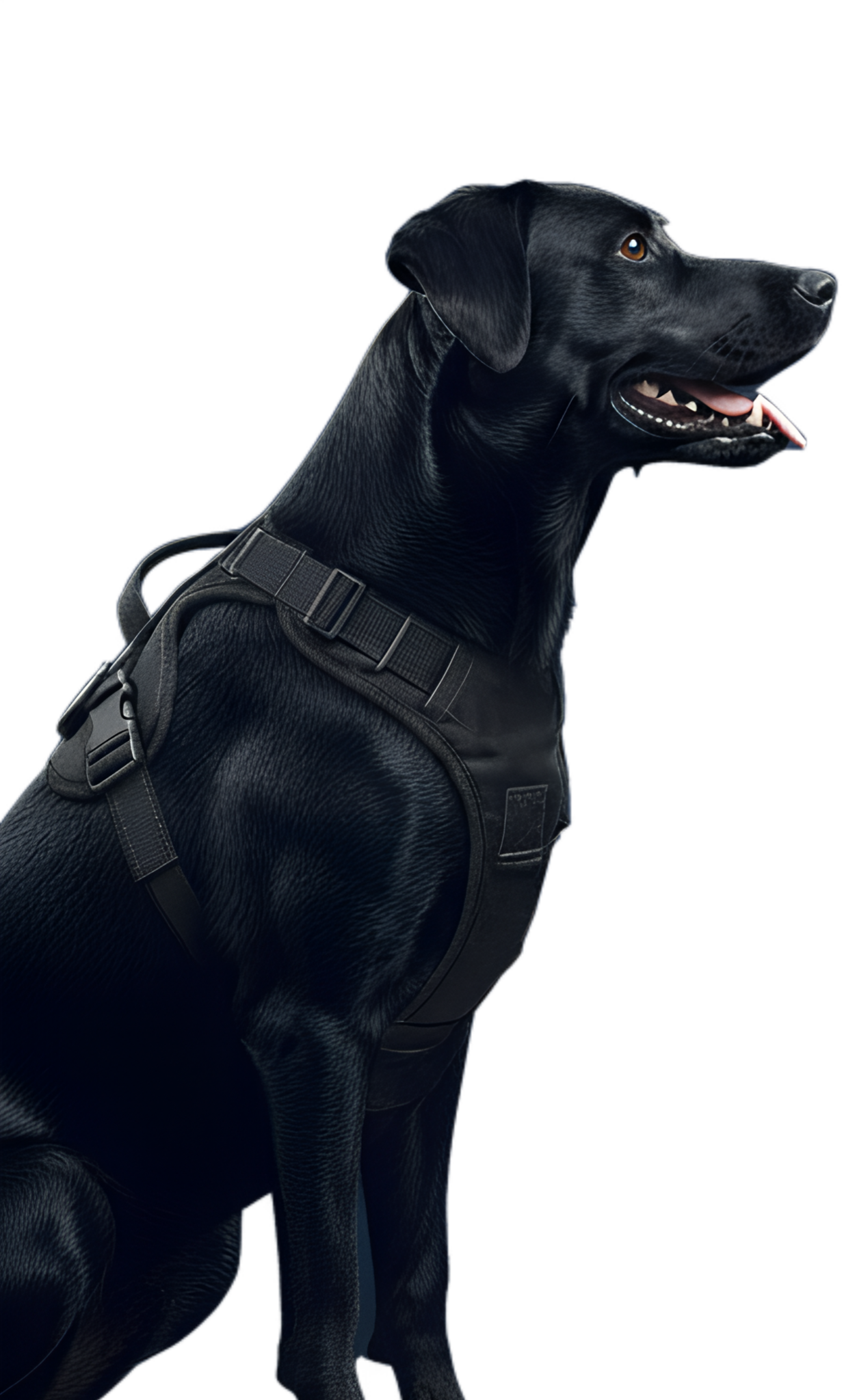 Black working dog in harness