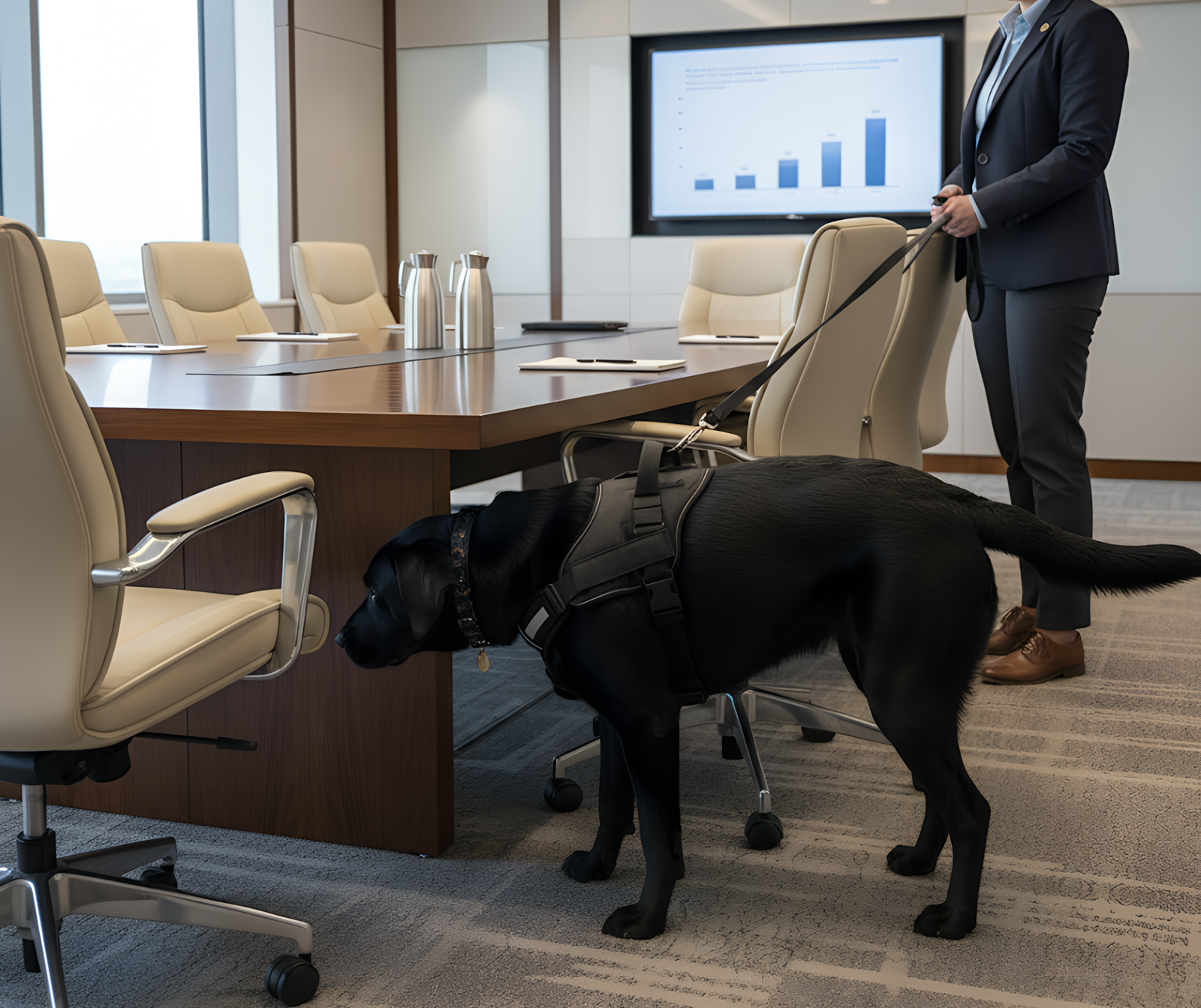 Black working dog searching a conference room beside a handler