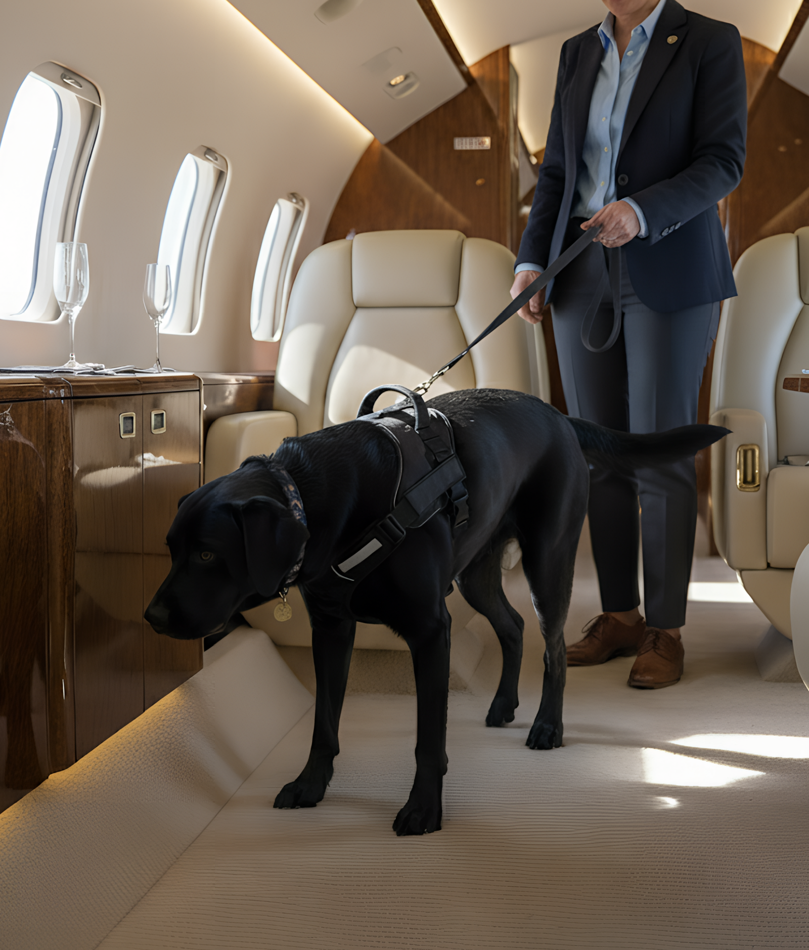 Black working dog sweeping a private aircraft with handler in business attire