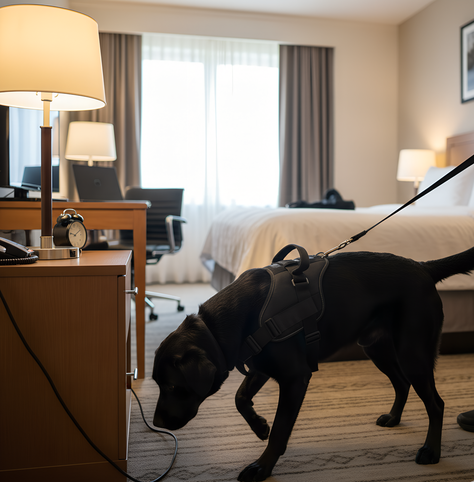 Black working dog searching inside a tiled public restroom