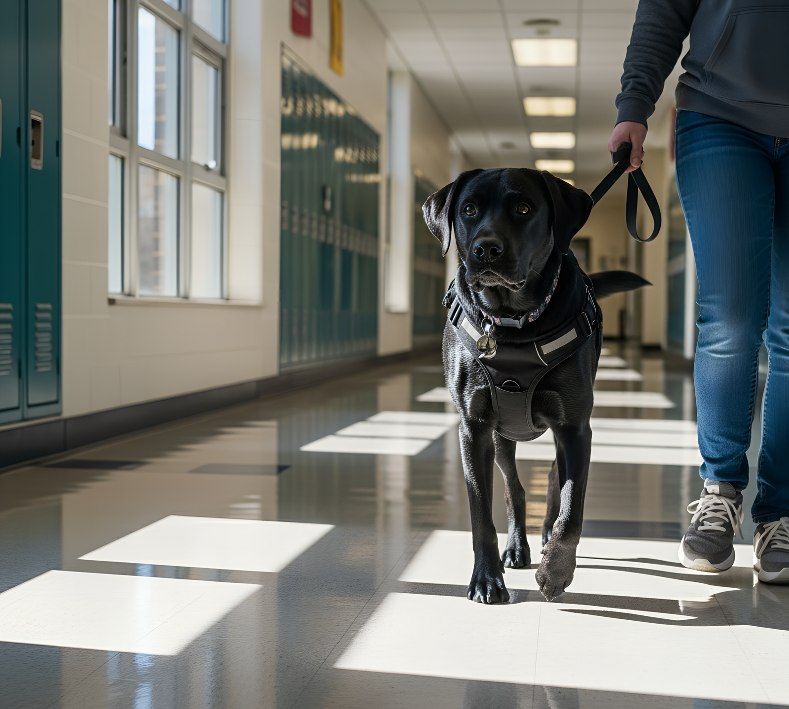 Black working dog in a school hallway with lockers and windows