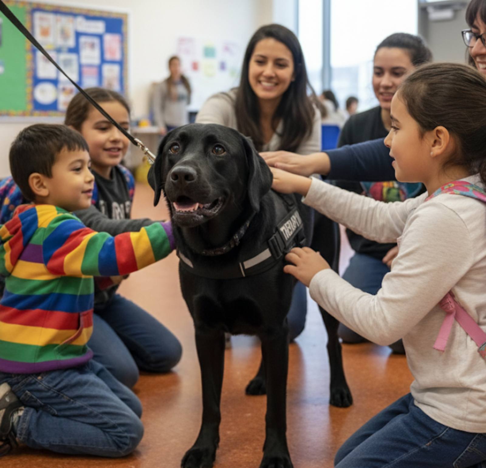 Black working dog interacting with children in a classroom setting