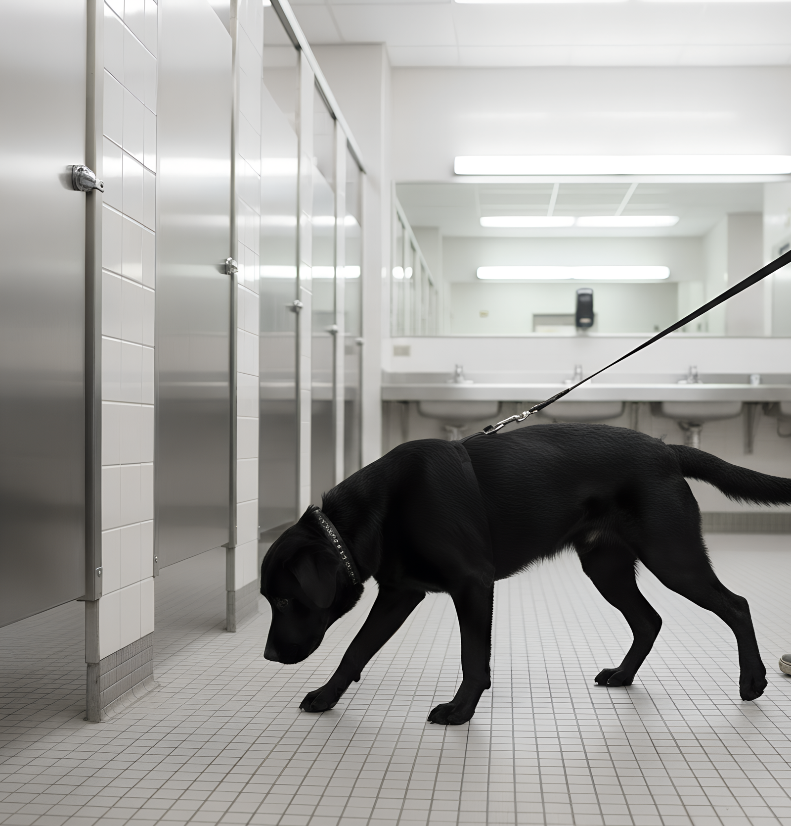 Black working dog searching near furniture in a hotel room